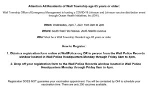 Attention All Resdients of Wall Township Age 65 years or older: Vaccine available April 7th 2021